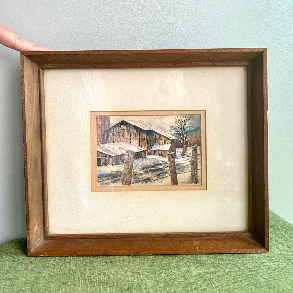 BARN IN WINTER vintage original water color in wooden frame ⭐️⭐️⭐️